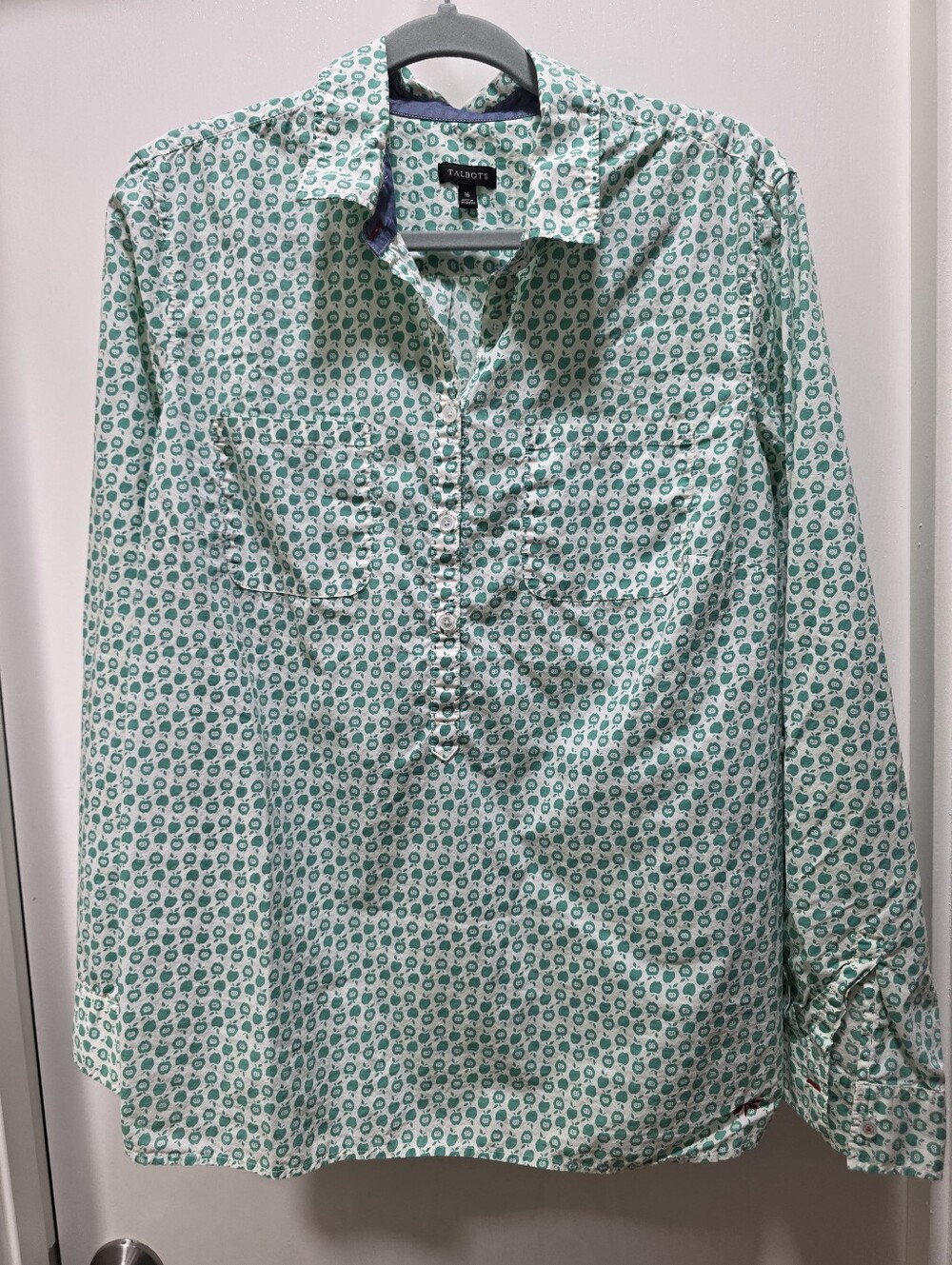 Talbots Green and White Micro-Print Button-Front Shirt